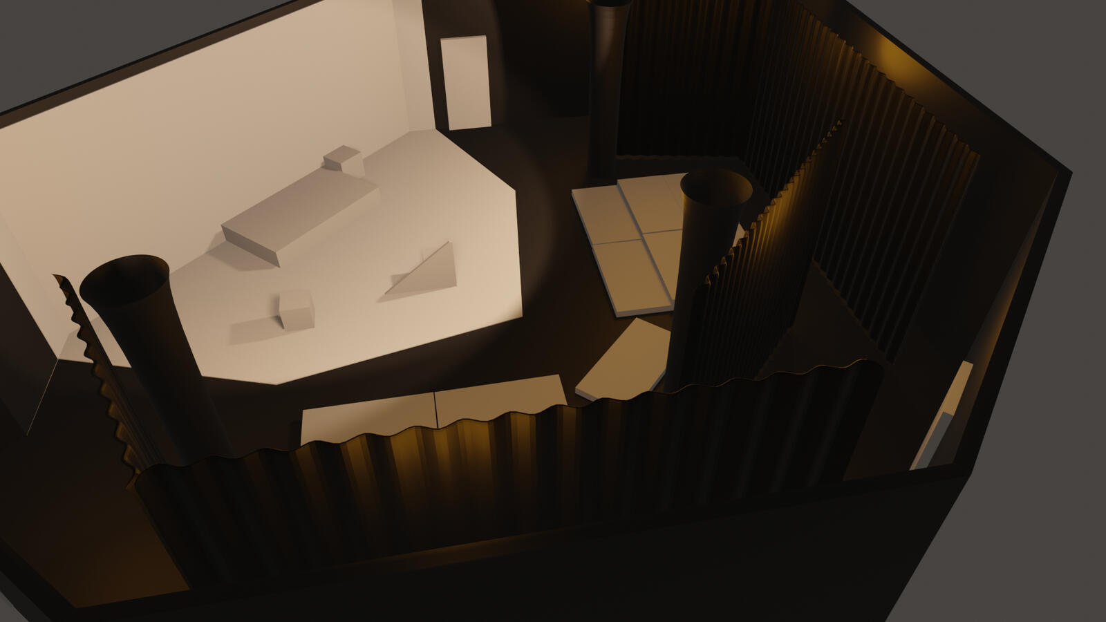 A 3D Rendering of the base set for &quot;MANEATER&quot; a blackbox theater at Boston University